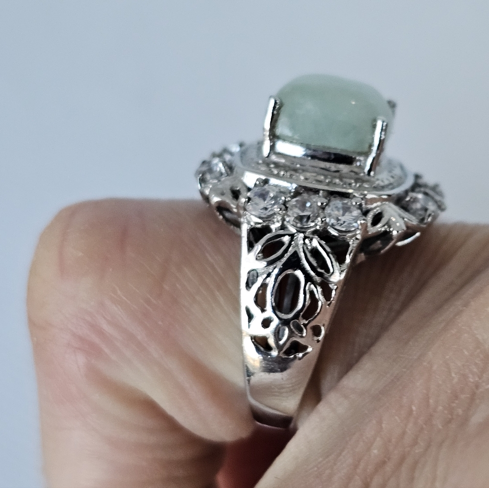 Gorgeous Jade & White Zircon in Platinum over Stainless Steel! Size 6! - Picture 9 of 10